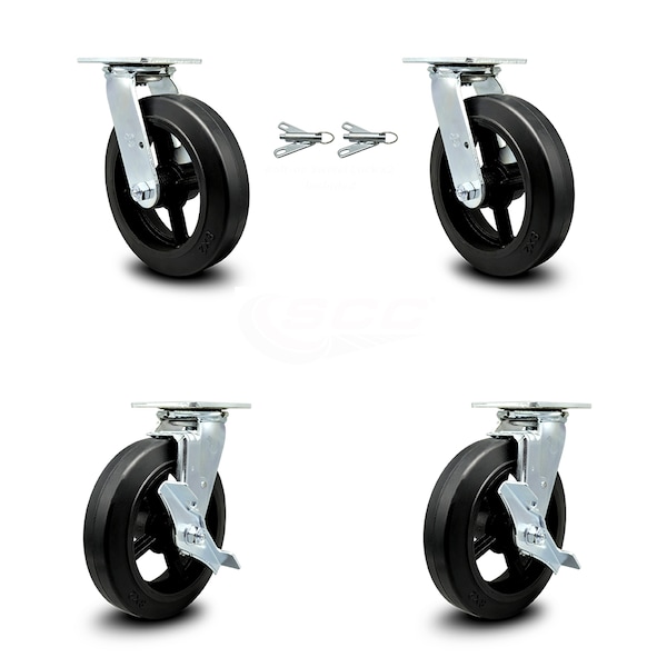 8 Inch Rubber on Steel Caster Set with Ball Bearings 2 Swivel Lock 2 Brake SCC